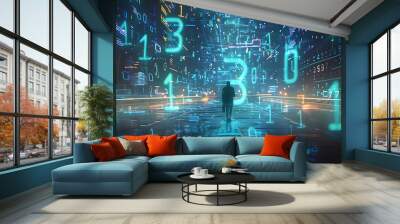 journey into the unknown, discovering and imaginary world made of numbers math numbers and symbols math genius with futuristic calculator imaging a world made of numbers Wall mural