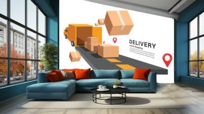 A truck loaded with parcel boxes or cardboard boxes stops open in middle of road to deliver products to customers according to customer pin location Wall mural