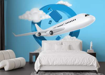 airplane, cloud, blue passport, luggage or baggage appeared and displayed in front of large pin location for travel design Wall mural