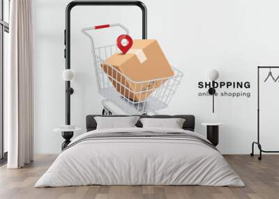 brown parcel box placed in shopping cart And there is a pin for delivery location on top and there is a buy icon below And all objects are popped in front of  smartphone,vector 3d for online shopping  Wall mural