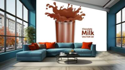 Chocolate milk or cocoa milk splash on a clear glass cylindrical Wall mural