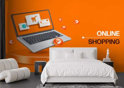 Credit card,shopping cart icon and order confirmation icon on computer laptop screen and all floated on round podium,vector 3d isolated on orange background for online shopping advertising design Wall mural