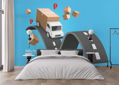 Delivery and online shopping concept ,Cargo trucks drive on winding roads and there is a parcel box or cardboard box, all red maps floating in the air around, vector 3d isolated on blue background Wall mural