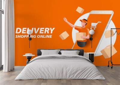 delivery man standing holding parcel box in front of smartphone screen and parcel boxes floating around for online shopping and delivery concept ,vector character 3d isolated on orange background Wall mural