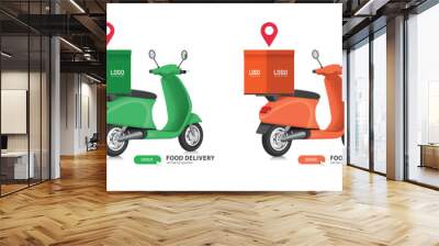 food delivery concept ,green and orange food bag or box is placed on motorcycle or scooter With a red map pin to indicate where will be delivered to customers, vector 3d isolated on white background Wall mural