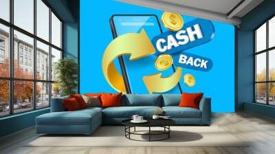 Golden arrow revolving around gold coins and CASH BACK label and all object floating front smartphone blue screen,vector 3d isolated on blue backgroud for CASH BACK promotion concept design Wall mural