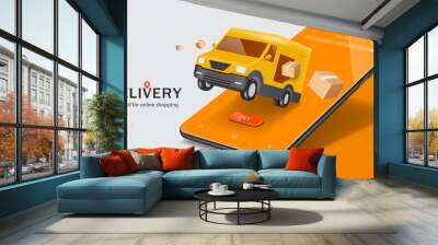 Many brown parcel boxes drifted from the yellow delivery van and all floating in mid-air on an orange smartphone screen,vector 3d for online shopping,delivery,transport advertising concept design Wall mural