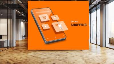 Online shopping icons pop up on the smartphone screen for making advertisements on online shopping application platforms,vector 3d isolated on orange background for promotion sale design Wall mural