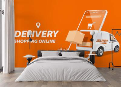 Parcel box floated out of smartphone with transparent screen and in the back there is a freight car parked open at back,vector 3d isolated on orange background for online shopping and delivery concept Wall mural