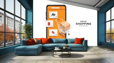 Parcel box in shopping cart floating on smartphone with online shopping app template on screen Wall mural