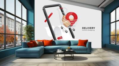 Parcel boxes and red pin are placed in a shopping cart and it all floats on finished receipt that flows from smartphone and has buy icon underneath,vector 3d isolated for delivery and online shopping Wall mural