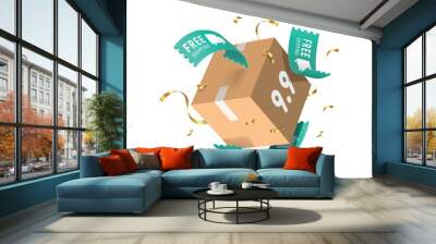 promotion label Free shipping green floating in the air around a parcel box or cardboard box for mega sale 9.9 campaign advertising design, vector 3d isolated for delivery, online shopping design Wall mural