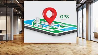 Red pin location place on GPS map on smartphone application by location of embroidery in city center Wall mural