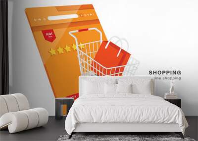 shopping bag place in a shopping cart and all display and floats out of a web browser that is an online shopping platform,vector 3d isolated for transport,logistics and delivey concept design Wall mural