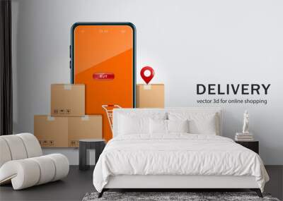 The parcel box is placed in front and behind the smartphone and a shopping cart is placed in the front,vector 3d isolated on white background for delivery and online shopping concept design Wall mural