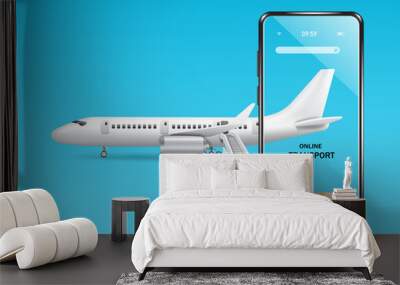 The parcel box is placed inside the smartphone and in the back there is a plane for air transport,vector 3d virtual on blue background for online shopping transport concept design Wall mural