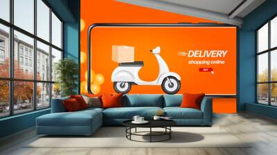 white scooter or motorcycle food delivery parked in front of the smartphone and Behind it, there are yellow balloons floating in mid-air for delivery and online shopping concept,vector 3d  Wall mural