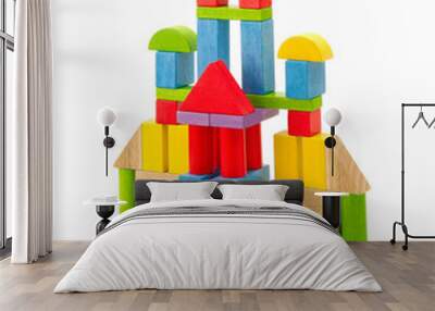 Colorful toy castle built from the wood blocks isolates Wall mural