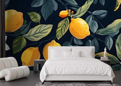 lemon fruits and lemon blooms on a branch Wall mural