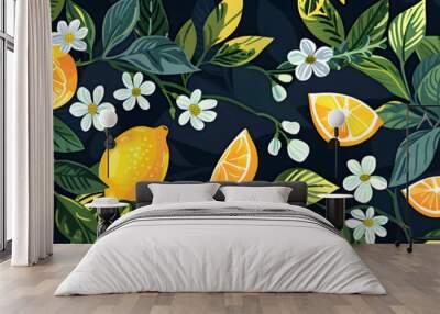 lemon fruits and lemon blooms on a branch Wall mural