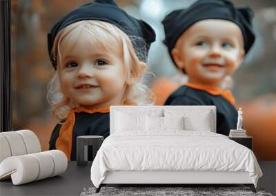 Lifestyle portrait of Happy Little caucasian siblings with blonde hair in black orange costume of which celebrating Halloween together outdoor    Wall mural