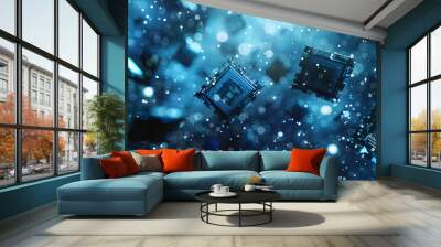 light blue computer chips floating in the air Wall mural