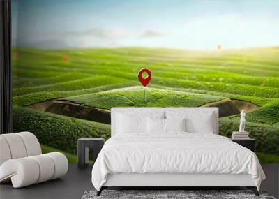 Location pin icon on green land plot, estate investment, land plot for construction project. 3d ground slice section Wall mural