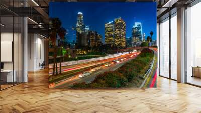 Los Angeles skyline with evening  traffic Wall mural