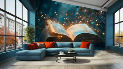 Magic book with open pages and abstract bokeh background. Wall mural