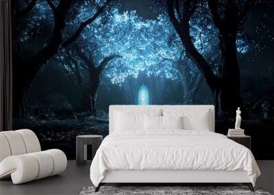 Magic portal in the deep dark fantasy forest with trees glowing from otherworldly blue energy, enchanted mystical light creating an atmosphere of dreamlike wonder Wall mural