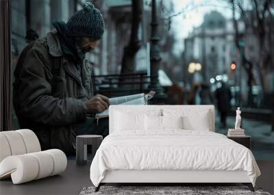 Man reading the Bible in the street during war Wall mural