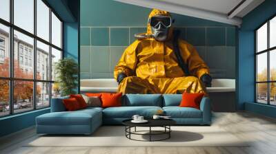 Man sitting in a bathtub wearing a diving suit and diving mask Wall mural