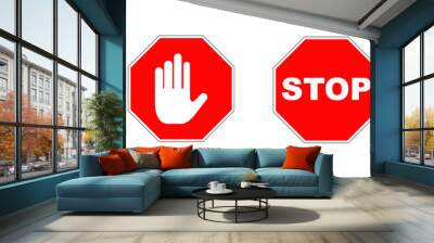 Stop sign and stop hand illustrated symbols Wall mural