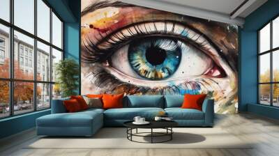 Abstract woman eye watercolor splash art, beautiful graphic design in style of contemporary water color painting abstract. Wall mural