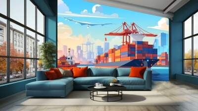 Cargo ship in sea or ocean. Freight transportation concept. Cargo Ship illustration banner with copy space. Logistics and transportation concept. Cargo ship. Freight transportation Wall mural