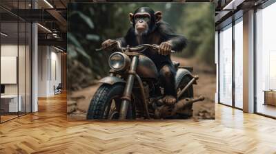 Chimpanzee monkey sits on a motorcycle in the jungle. Wall mural