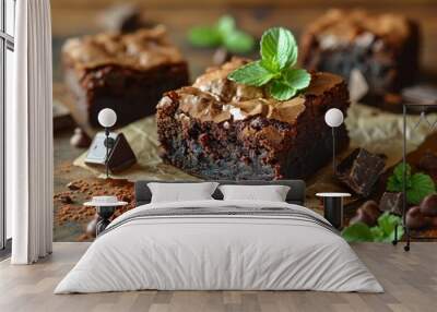 Chocolate brownies with mint on a wooden background. Selective focus. Wall mural