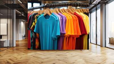 Colorful t-shirts on hangers in a clothing store. Wall mural