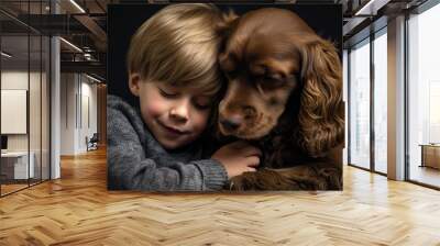 Cute little boy with his dog. Pet concept. Friendship concept. animal love concept. Wall mural