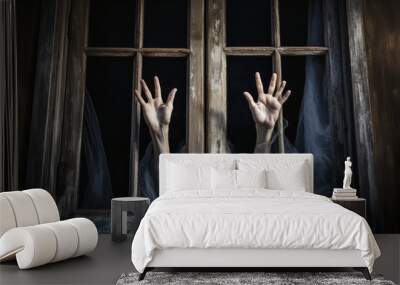 Ghost hand. Spooky many ghost hands outside the window. Halloween concept. group of ghosts with their hands up in front of open window. horror concept. Nightmare.	
 Wall mural