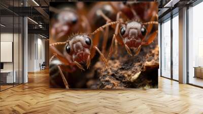 Macro of a group of ants on a wooden surface. Macro. Insect Macro shot. Wildlife Concept. Wall mural