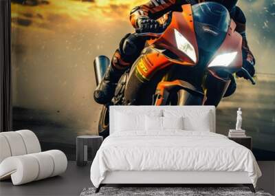 Motorcycle rider riding a sport bike on the road. Extreme sport. Motosport Concept. Background with copy space.  Wall mural