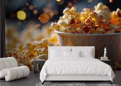 Pop Corn. Popcorn. Popcorn in a paper cup with copy space. A Paper cup of salted popcorn. selective focus. Close up of spicy popcorn. Wall mural