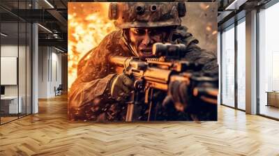 Portrait of a special forces soldier with assault rifle on fire background Wall mural