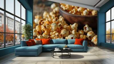 Salty Popcorn in a Wooden Bowl on a background with copy space. A wooden bowl of salted popcorn at the old wooden table. Dark background. selective focus. copy space. Wall mural