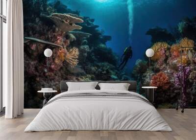 Scuba diver and colorful tropical fish on a coral reef. Underwater world. Coral reef and fishes. Diver. Wall mural