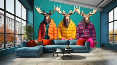 Three reindeer heads in colorful jackets sitting on wooden shelf. Elk in a group, vibrant bright fashionable outfits. Fashion concept with copy space. Creative animal concept.  Wall mural