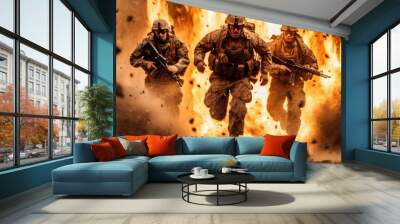 three soldiers running from a bomb big explosion Wall mural