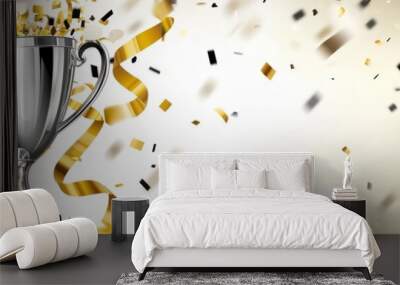 Trophy cup with confetti and ribbons. 3d illustration Wall mural