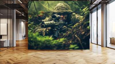 United State Special forces soldier with sniper rifle in the forest. Selective focus. Selective focus. Wall mural